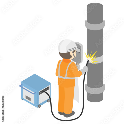 アーク溶接を行う建設作業員と溶接機のアイソメトリックイラスト