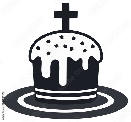 Stylized Easter Cake with Cross. Traditional Orthodox Christian Holiday Treat Symbol, Black & White Illustration.