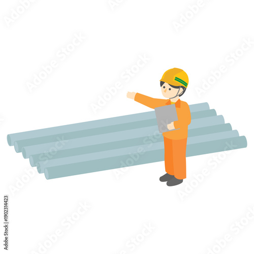 建設現場で資材を前に指示を出す現場監督のアイソメトリックイラスト
