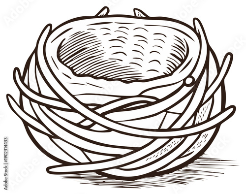 Detailed empty bird's nest drawing, natural twigs and branches, rustic black and white line art illustration