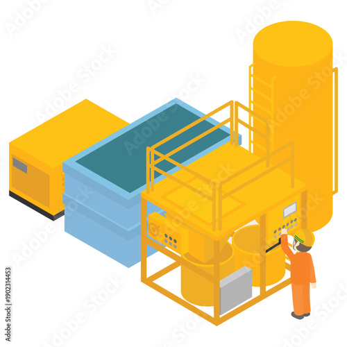 工場プラントの制御パネルを操作する作業員のアイソメトリックイラスト
