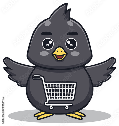 Cute cartoon black bird with shopping cart on its belly cartoon illustration