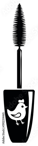 Black and white vector illustration of a mascara tube with a cute chicken logo and applicator brush