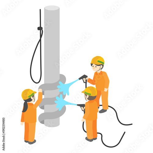 配管の補修や高圧洗浄作業を行う建設作業員たちのアイソメトリックイラスト
