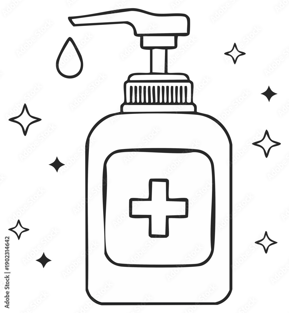 Obraz premium Hand sanitizer bottle with a cross sign and droplet illustration, healthcare concept.