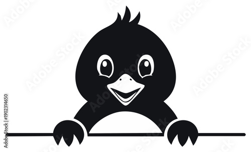 Cartoon bird peering over a horizontal bar with a cheerful smile and welcoming expression
