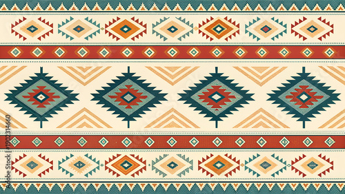 Seamless traditional tribal rug pattern with geometric borders and ethnic southwestern textile motifs