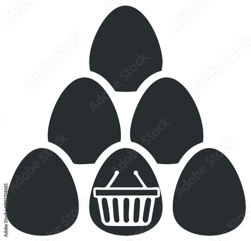 Egg icon with shopping basket in a pyramid shape, concept of grocery shopping.