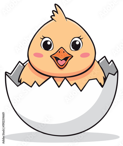 Cute baby chick hatching from a cracked eggshell illustration adorable newborn chicken cartoon character