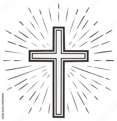 Stylized Christian Cross with Sunburst Rays Symbolizing Faith and Divinity