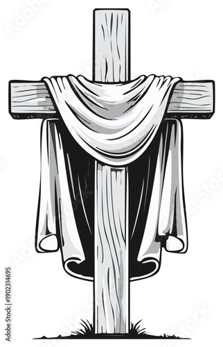 Wooden cross draped with cloth, monochrome illustration of religious symbol.