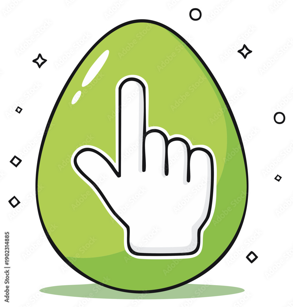 Obraz premium Cartoon hand pointing, cursor, green egg shape with starburst decorations