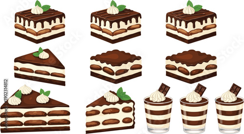 Traditional Italian tiramisu dessert collection set with cake slices squares and mousse cups for restaurant menu bakery and cafe food design