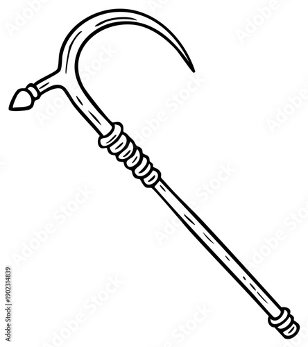 Detailed black and white illustration of a medieval scythe weapon or agricultural tool.