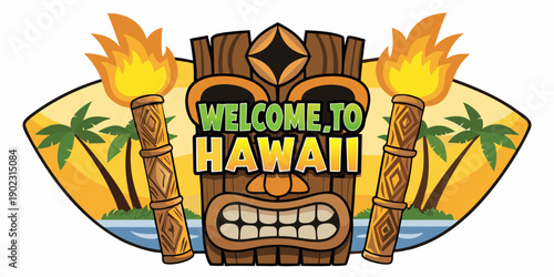 A colorful tiki totem welcomes visitors to hawaii with flames and palm trees