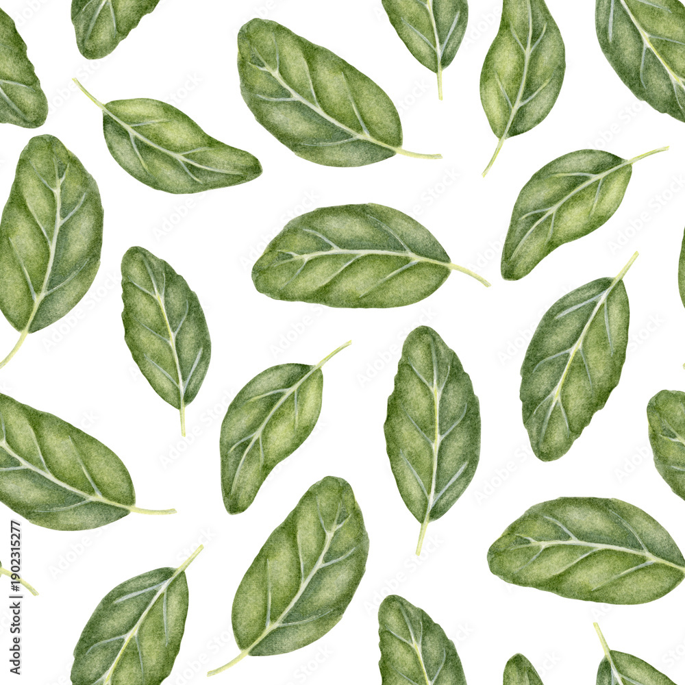 Fototapeta premium Watercolor Basil Leaf Seamless Pattern. Seamless watercolor basil leaf pattern inspired by botanical art and herbal cuisine. Perfect for kitchen decor, packaging, wellness, surface design