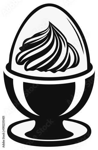Stylized illustration of an egg in an eggcup filled with creamy dessert topping a simple icon design