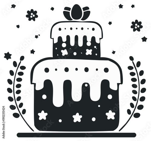 Minimalist Illustration of Easter Cake with Egg Decoration and Floral Elements