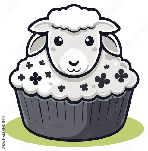 Lamb cupcake illustration featuring gray woolly sheep and flower decorations, suitable for bakery menu, Easter, baby shower