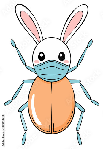Cute anthropomorphic rabbit insect character wearing a protective face mask and waving hello