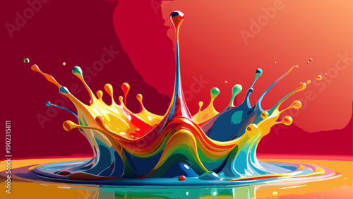 Vibrant liquid splash with colorful droplets against a gradient background.