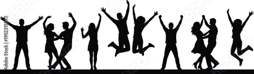Black Silhouettes Of Happy People Dancing Jumping And Celebrating Set On A White Background For Party Nightlife Music Festival Event And Social Celebration Graphics