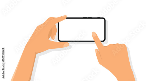 Human hands hold horizontally mobile phone with blank screen. Vector illustration