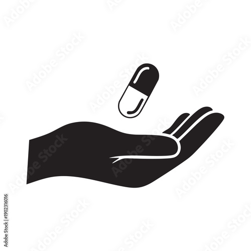 A hand and a pill vector graphic simple design concept black color image with white background showing medical or pharmaceutical related illustration