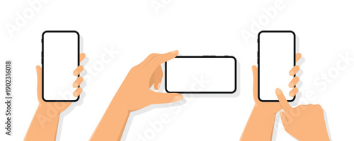 Human hands using and holding smartphones with white screen set. Empty screen phone mockup. Vector illustration
