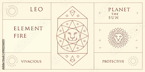 Leo zodiac sign illustration with astrological symbols and lion imagery