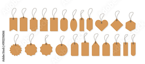 Blank kraft paper price tags. Gift tags in different shapes. Set of labels with cord. Blank labels template. Promotional sale badge. Vector illustration
