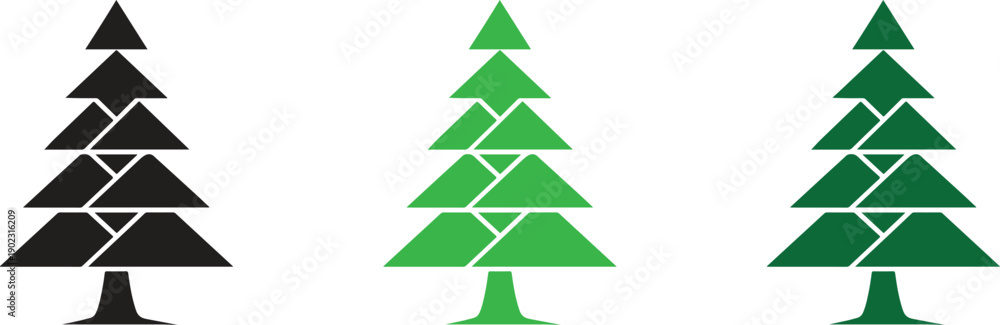 Obraz premium Geometric Pine Tree Icon Set, Minimal Christmas and Eco Tree Vector Silhouettes in Black and Green