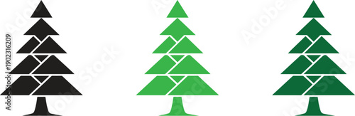 Geometric Pine Tree Icon Set, Minimal Christmas and Eco Tree Vector Silhouettes in Black and Green