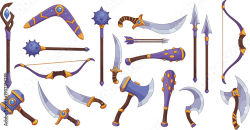 Fantasy RPG weapon set featuring purple and gold swords daggers axes bows maces hammers boomerangs spears and magic staves for game design.