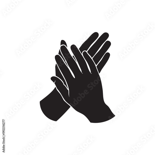 A black and white vector illustration depicting two hands rubbing together, signifying hand washing, hygiene, or applause