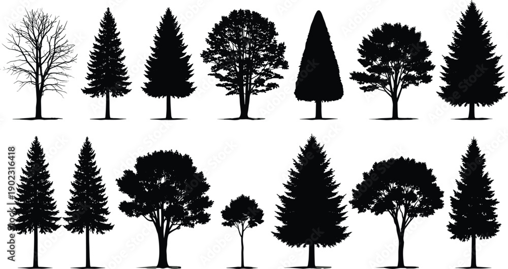 Obraz premium Black Nature Silhouette Vector Mega Bundle Featuring Pine Trees Oak Deciduous Forest Cattails Marsh Grass Wheat Stalks and Floral Bouquets Icons for Professional Landscape Design