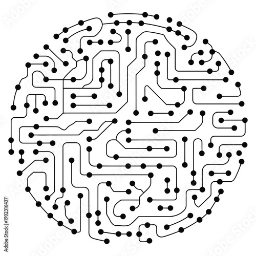 Printed Circuit Board Black and White Circular Symbol Representing Computer Technology, Electronics, Digital Hardware, Engineering Innovation