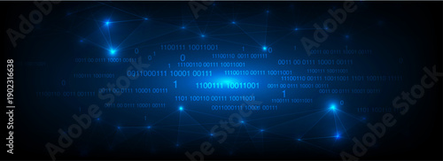 Banner abstract digital technology background with glowing blue network connection binary code. Futuristic data flow, cybersecurity, artificial intelligence, blockchain big data, Vector illustration