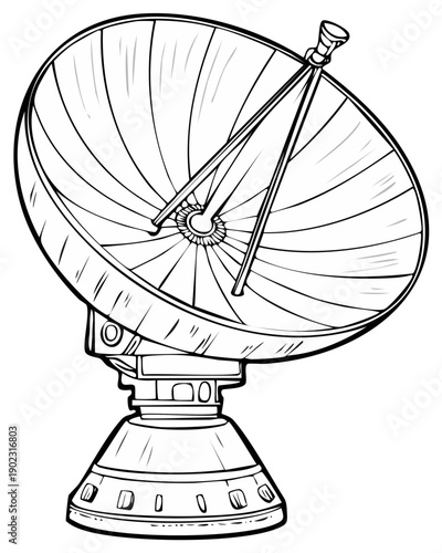 Illustrated vector image of a satellite dish, antenna, and telecommunications equipment