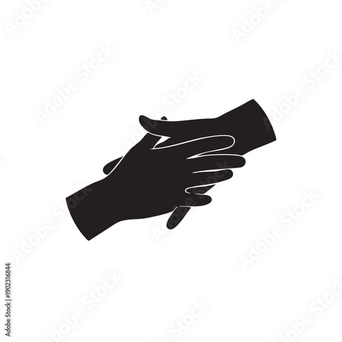 Two hands holding together as symbol of support and friendship isolated on white background black silhouette vector illustration concept of unity cooperation and partnership design element for logo