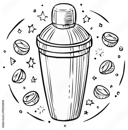 Cocktail shaker illustration with coffee beans and stars