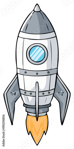 Cartoon rocket ship illustration with engine flames and porthole