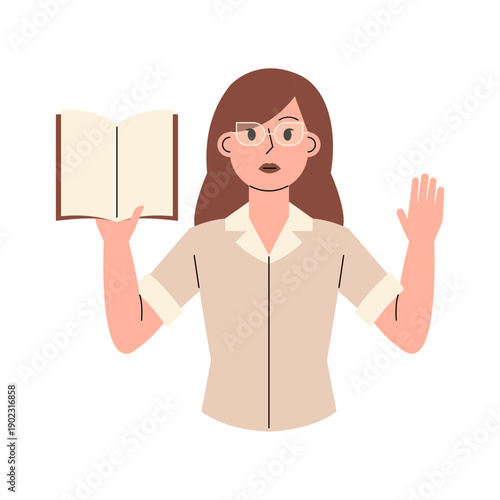Female Teacher Holding Book and Raising Hand