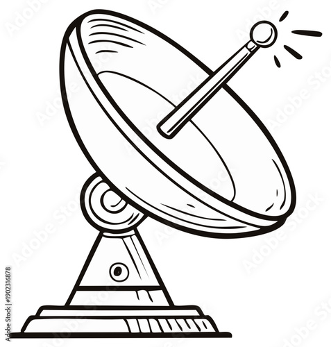 Cartoon satellite dish transmitting signals into space, science communication technology
