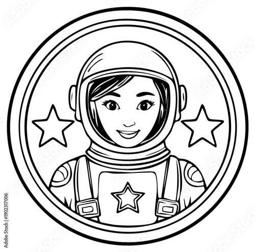 Astronaut woman cartoon character in space suit with stars and circle border