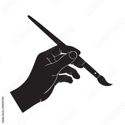 Artistic silhouette of hand holding paintbrush isolated on white background for fine art creativity painting school hobbies professional craftsmanship and decorative studio workspace illustration art