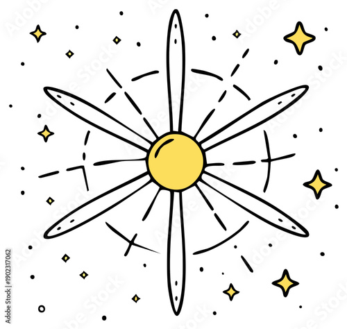 Illustrated Starburst with Rays and Glittering Stars Graphic Element