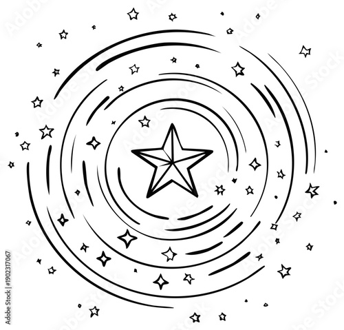 Hand-drawn star vortex radiates in cosmic space sketch style