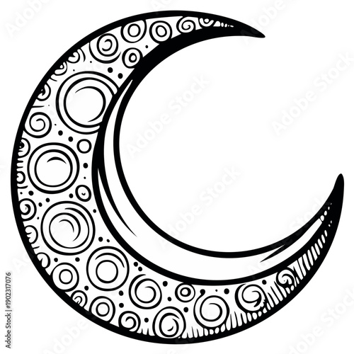 Ornate Crescent Moon Design with Swirls and Circles Illustration