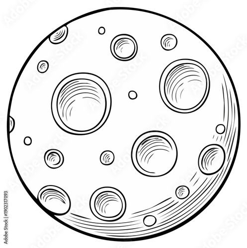 Stylized Full Moon Sketch with Craters Vector Illustration Celestial Body Astronomy Science Black and White Lunar Surface